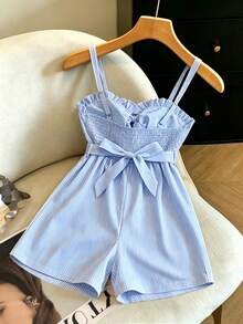 GlowEve Women's Striped Bow Decor Ruffle Casual Romper For Daily Wear - Blue and White - View 2