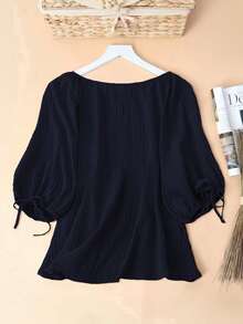 EMERY ROSE Plus Size Women's Elegant Commuter Summer Blouse With Bowknot Cuff, Peach Color, Round Neck, Lantern Sleeve, Cat Eye Stone Button, Striped Textured Fabric - Navy Blue - View 2