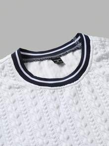 Manfinity Homme Men's Knitted Jacquard Solid Color Textured Blue Collar & Cuff Ribbed Graphic T-Shirt, Holiday - White - View 4