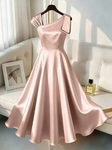 GlowEve CURVE Plus Size Elegant Solid Color Asymmetric Collar Dress, Summer Fall - Dusty Pink - View 3