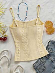DrmWander Camiseta de tirantes ajustada de encaje de gasa de contraste para mujer, ideal para el verano y las vacaciones - Albaricoque - Ver 2