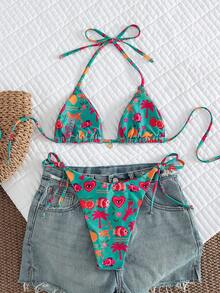 Swim Vcay Ensemble de maillot de bain sexy pour femme d'été avec imprimé palmier, bikini licou à nouer et culotte triangle - Multicolore - Voir 5