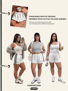 Comfortcana Plus Size Summer Sports White Contrast Color High Waist Super Short Shorts - White - View 9