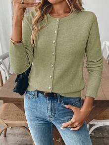 EMERY ROSE Women's Minimalist Daily Front Button Round Neck Long Sleeve Cardigan - Olive Green - View 4