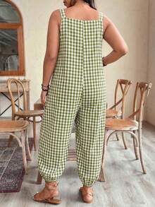 SHEIN LUNE CURVE Jumpsuit Wanita Ukuran Besar Elegan dengan Motif Garis-garis, Saku, dan Tali Serut, Cocok untuk Perjalanan Sehari-hari, Musim Semi/Panas - Hijau - View 2