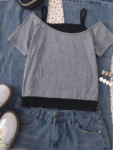 Cute Black Cat Print Cropped Cold Shoulder T-Shirt For Teen Girls,Summer Kawaii Casual Wear,Back-To-School & Graduation Gift,Comfortable Lightweight - Black and White - View 2