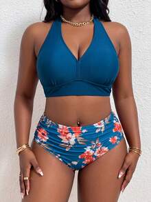 SHEIN Swim Curve 1 conjunto de traje de baño de talla grande para mujer con estampado aleatorio, bikini con corpiño de cordones, conjunto casual de dos piezas para vacaciones de verano en la playa - Multicolor - Ver 6