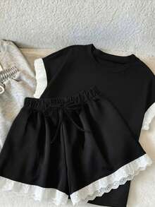 GlowEve Ensemble 2 pièces décontracté pour femmes avec Top à manches courtes col rond et bordure contrastée, et short - Noir - Voir 1