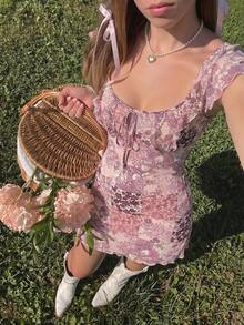 SHEIN MOD 女士夏季沙滩度假印花甜心领扭腰迷你连衣裙 - 淺灰紫 - 查看 4