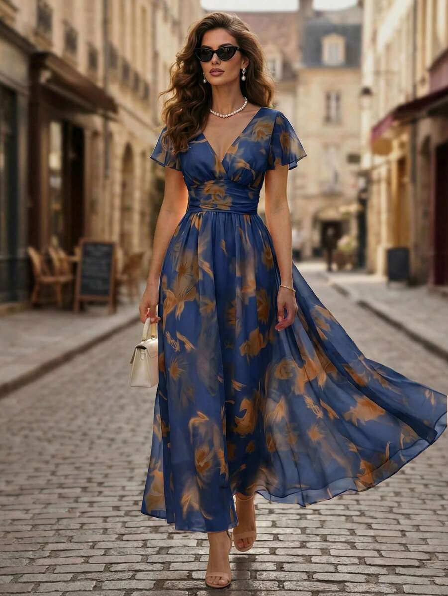 Balvessa Gaun Midi A-Line Elegan dengan Leher V, Hem Bergelombang, Motif Bunga, dan Pinggang Terikat, Romantis & Modis untuk Liburan - Navy Blue - View 1