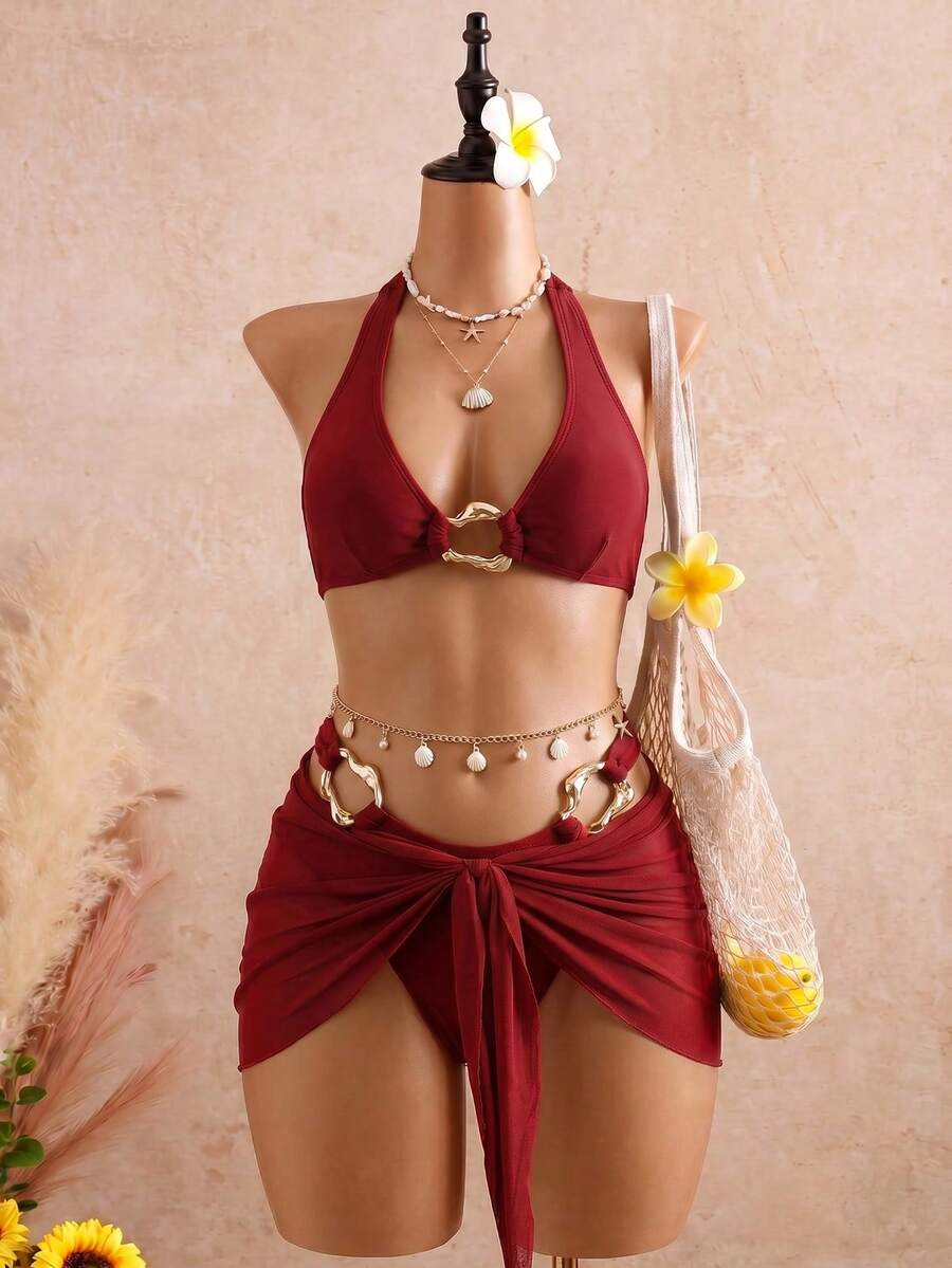 Swim Chiccia Bộ đồ đi biển 3 món gợi cảm, thanh lịch, lãng mạn dành cho nữ - Bikini, đồ bơi và váy. - Đỏ - Xem 1