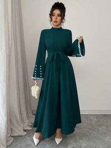 Elenzga Gaun Wanita Elegan dengan Leher Tinggi dan Lengan Mengembang - Dark Green - View 5