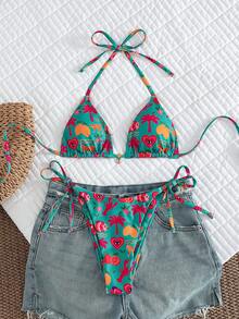 Swim Vcay Ensemble de maillot de bain sexy pour femme d'été avec imprimé palmier, bikini licou à nouer et culotte triangle - Multicolore - Voir 6