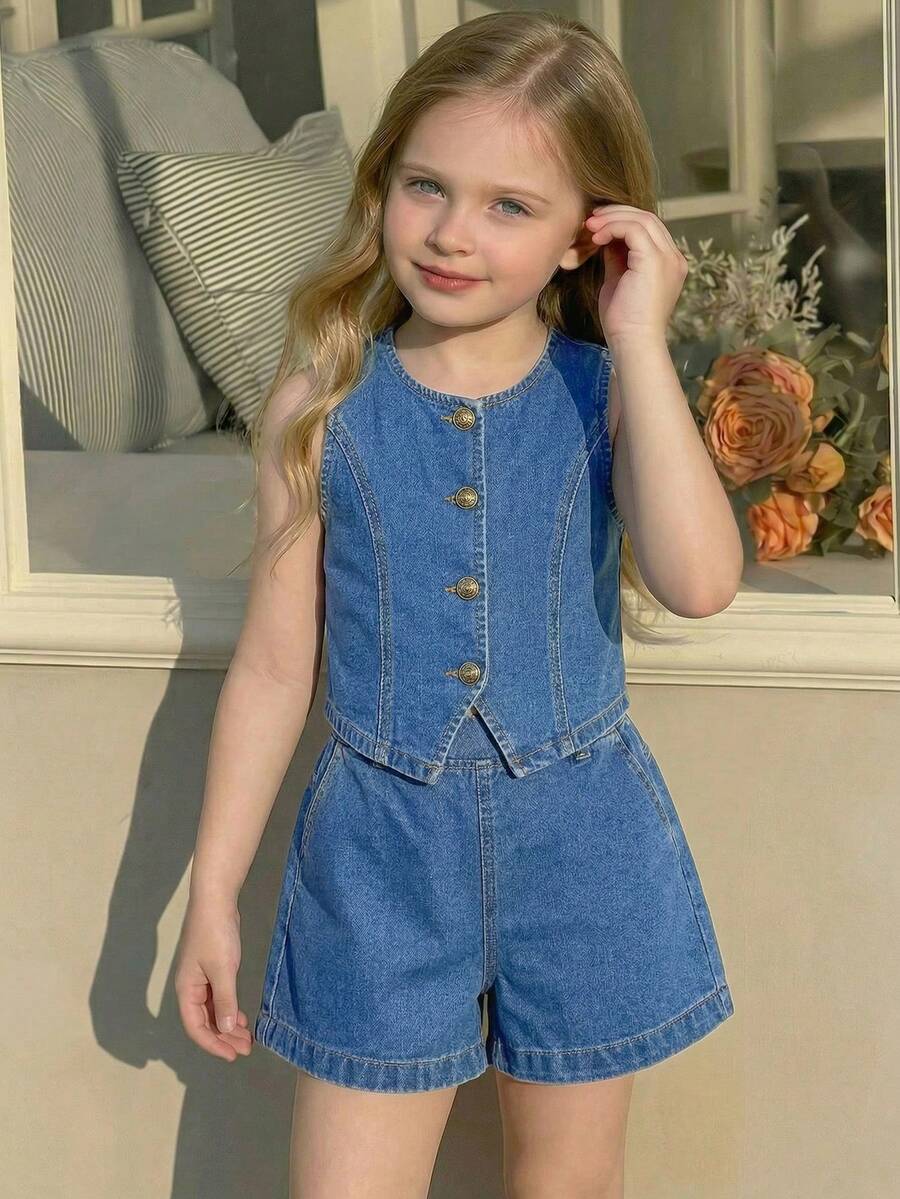 Tween Girls Denim Set Summer New European And American Fashion Sleeveless High Waist Denim Shorts Set Dark Blue Raw Denim Vest + Shorts Two Pieces Set Casual Sport Daily Basic Outfit Vacation Cotton Summer Wear Children's Denim Set Kids Girl Two Pieces Set