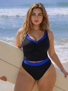 Swim SPRTY 2026 New Summer Holiday Surfing Beach Holiday Sports Casual Plus Size Colorblock Tankini Bikini Light Blue - Multicolor - View 5