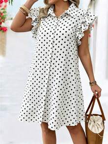 EMERY ROSE Plus Size Polka Dot Print Cap Sleeve Casual Dress, Spring/Summer - White - View 6