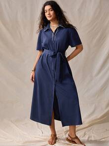 Nubod Plus Size Summer Casual Front Button Shirt Dress - Blue - View 4