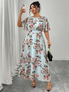Modelyn Plus Size Women's Elegant Round Neck Ruffle Flare Sleeve Fitted Flowy Maxi Chiffon Dress, Spring/Summer - Multicolor - View 1