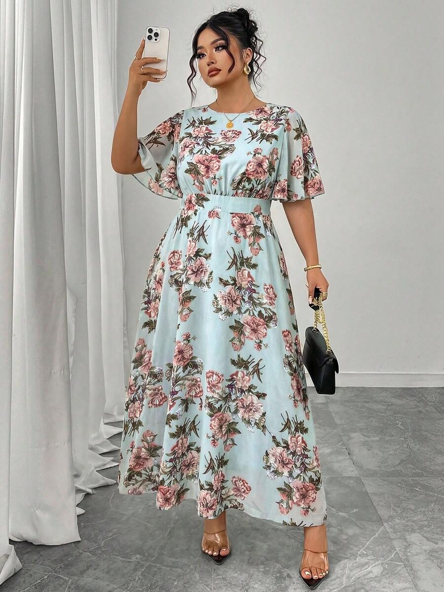 Modelyn Plus Size Women's Elegant Round Neck Ruffle Flare Sleeve Fitted Flowy Maxi Chiffon Dress, Spring/Summer - Multicolor - View 1