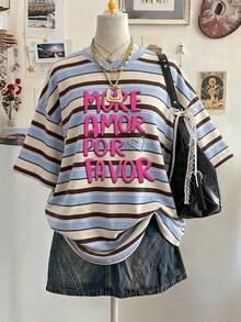 Lalippa Striped, Digital Printed, Letter Graphic Oversized Mid-Length Round Neck Drop Shoulder Women T-Shirt, A Gift For Friends - White - View 1