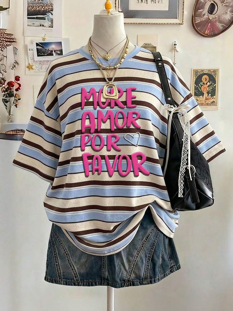 Lalippa Striped, Digital Printed, Letter Graphic Oversized Mid-Length Round Neck Drop Shoulder Women T-Shirt, A Gift For Friends - White - View 1