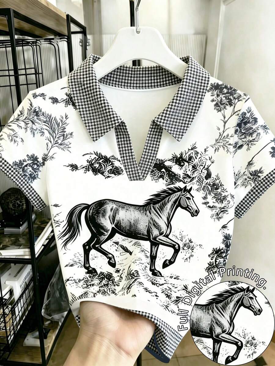 Resyla 女士马匹花卉印花Polo衫,格纹撞色领口和袖口V领短袖上衣,休闲修身夏季衬衫,送给她的完美礼物 - 彩色 - 查看 1