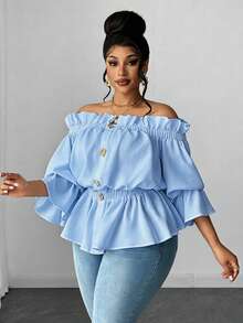 Maweii Blusa casual versátil de uso diario con hombros descubiertos y fruncidos en unicolor para mujer de talla grande - Azul - Ver 3