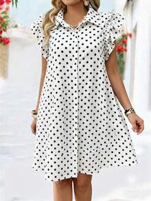 EMERY ROSE Plus Size Polka Dot Print Cap Sleeve Casual Dress, Spring/Summer - White - View 4