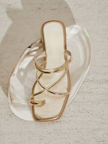 SHUZIA Women's Comfortable Gold Metal Toe Ring Slip-On Flat Sandals - Gold - View 7