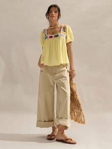 Easelle Women's Multicolor Woven Square Collar Short Sleeve Ruffle Hem Blouse, Suitable For Beach Vacation Bohemian Style Boho Top, Summer Shirt - Yellow - View 7