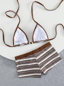 Swim Mod Bộ bikini nữ mùa xuân/hè họa tiết sọc nhiều màu sắc, kiểu dáng thắt nút phía sau với nơ, thích hợp cho các lễ hội âm nhạc trên bãi biển. - Nhiều màu - Xem 2