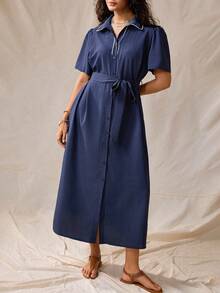 Nubod Plus Size Summer Casual Front Button Shirt Dress - Blue - View 1