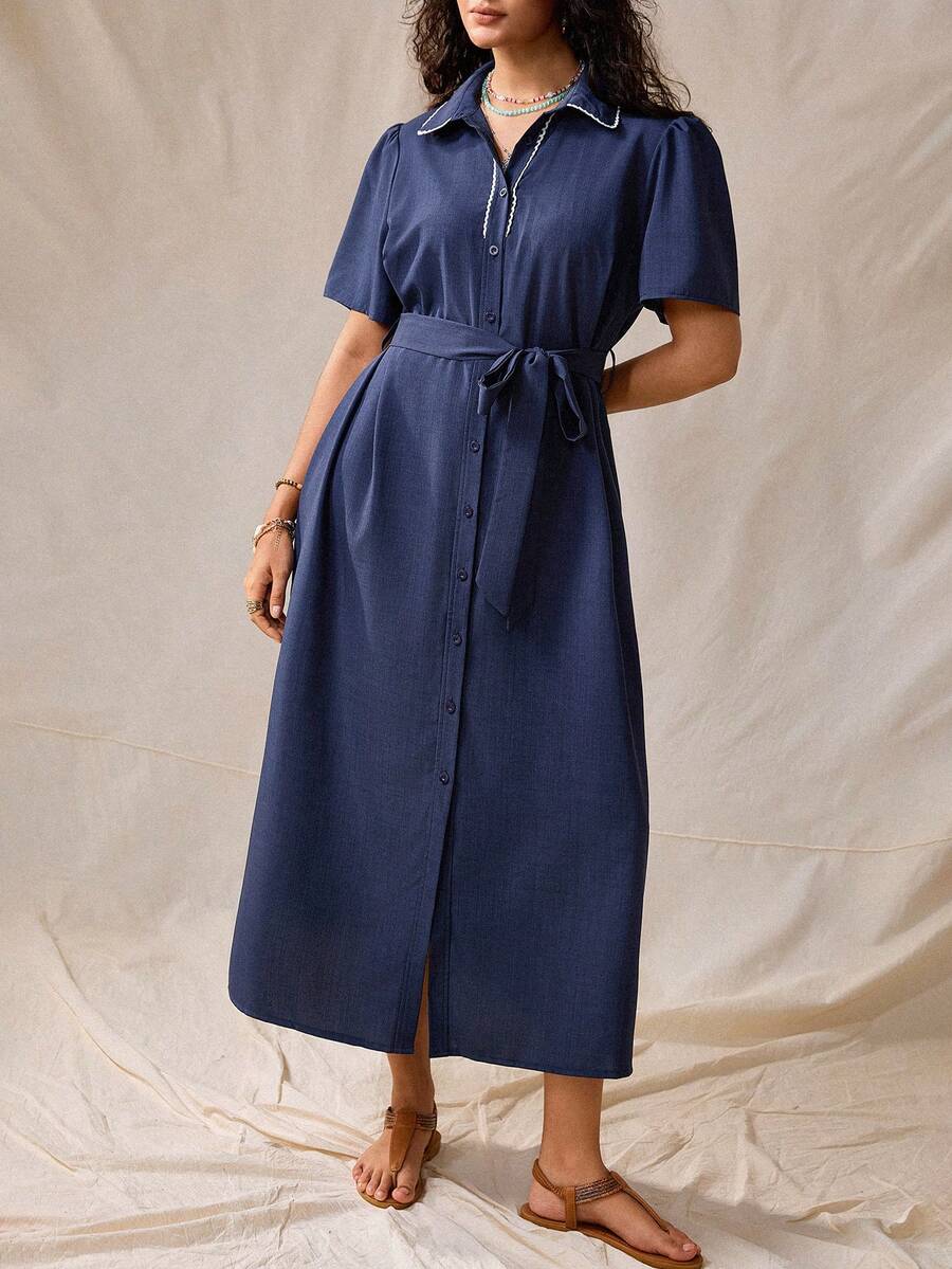 Nubod Plus Size Summer Casual Front Button Shirt Dress - Blue - View 1
