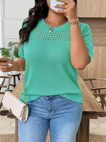 EMERY ROSE Plus Size Casual Hollow Out Round Neck Short Sleeve Top - Mint Green - View 4