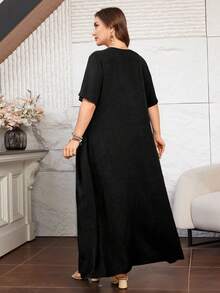 Lacomfia Women's Short Sleeve Loose Elegant Comfortable Minimalist Plus Size Dress With Pockets - Black - View 2