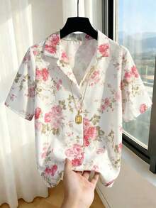Franclia Women's New Floral Print Lapel Short Sleeve Casual Loose Top - Pink - View 1