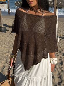 Sunnyshic 女士绿色镂空极简薄纱休闲度假风针织罩衫，夏季 - 棕色 - 查看 3