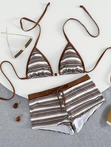 Swim Mod Bộ bikini nữ mùa xuân/hè họa tiết sọc nhiều màu sắc, kiểu dáng thắt nút phía sau với nơ, thích hợp cho các lễ hội âm nhạc trên bãi biển. - Nhiều màu - Xem 6