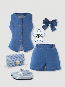 Tween Girls Denim Set Summer New European And American Fashion Sleeveless High Waist Denim Shorts Set Dark Blue Raw Denim Vest + Shorts Two Pieces Set Casual Sport Daily Basic Outfit Vacation Cotton Summer Wear Children's Denim Set Kids Girl Two Pieces Set - Medium Wash - View 5