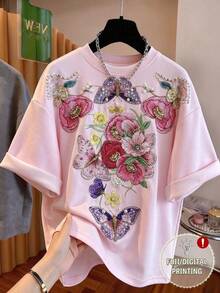 EMERY ROSE 女士圆领仿珍珠花卉刺绣短袖T恤，适合日常休闲、通勤、约会、聚会、居家休闲、户外活动、下午茶、海滩度假、郊游及各种场合。 - 彩色 - 查看 1