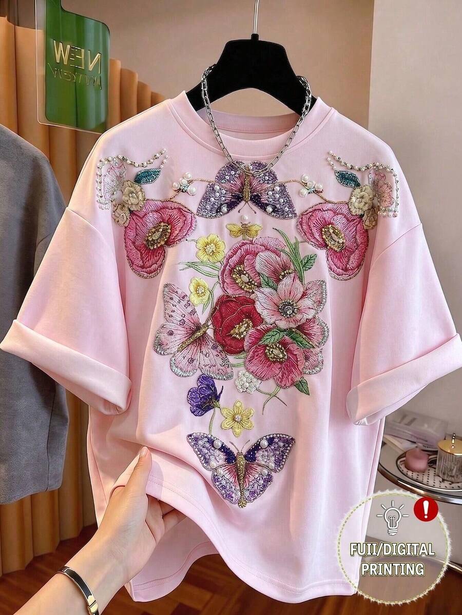 EMERY ROSE 女士圆领仿珍珠花卉刺绣短袖T恤,适合日常休闲、通勤、约会、聚会、居家休闲、户外活动、下午茶、海滩度假、郊游及各种场合。 - 彩色 - 查看 1