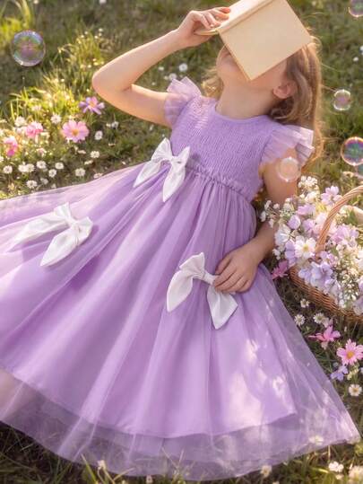 Elladie kids Summer Girls Green Mesh Cap Sleeve Dress With 3 Bow Decor, Comfortable Mesh Dress Suitable For Any Occasion, Party, Event
