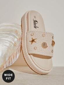 SHUZIA #宽楦 CoastalChic 女士珍珠贝壳装饰编织米色厚底拖鞋 – 适合度假、海滩等场合。 - 米色 - 查看 4