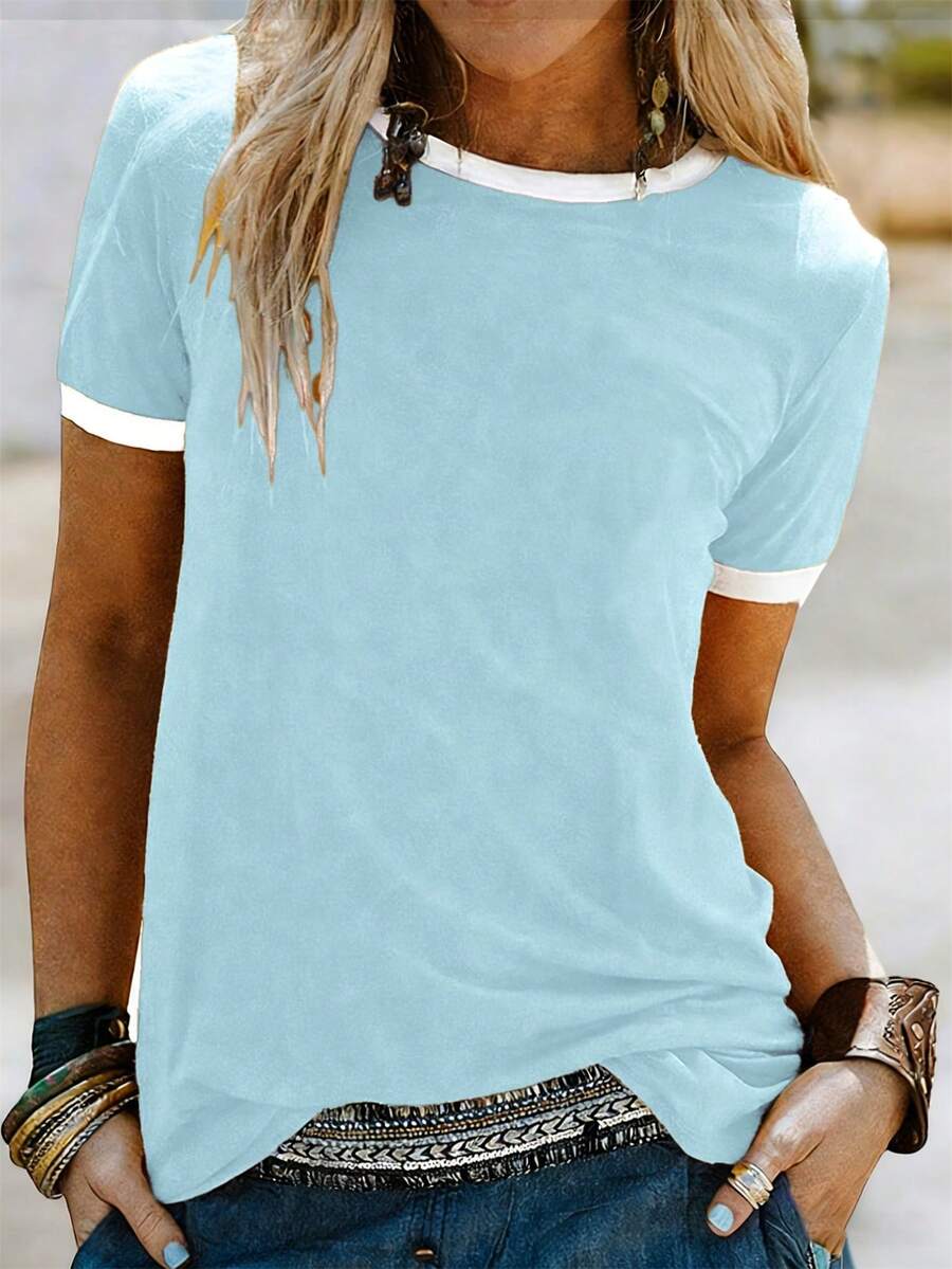 SHEIN 女士夏季撞色圆领短袖休闲T恤图案上衣 - 淺藍色 - 查看 1