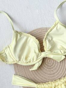 Bonvoyette Bộ bikini hai mảnh màu trơn họa tiết hoa hướng dương, kiểu cổ yếm buộc nơ, thích hợp cho kỳ nghỉ, dành cho nữ. - Màu vàng - Xem 5