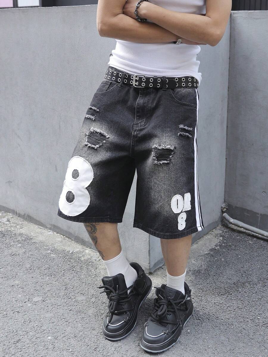 Manfinity EMRG Plus Size Men's Summer Street Washed Letter Patch Ripped Wide Leg Denim Shorts - Black - View 1