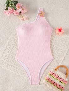 Swim Basics 性感连体泳衣，单肩设计，饰有贝壳和海星图案，修身沙滩度假泳装 - 淺粉色 - 查看 2
