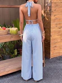 Sunnyshic Bộ jumpsuit nữ kẻ sọc cổ chữ V khoét sâu, hở lưng, dáng suông, ôm eo, gợi cảm và thanh lịch theo phong cách Âu Mỹ, thích hợp cho kỳ nghỉ hè ở bãi biển. - Màu xanh lam - Xem 1