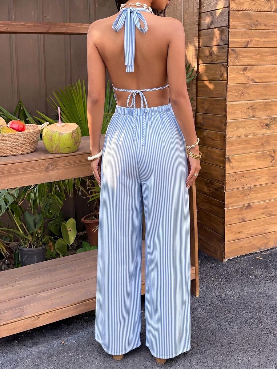 Sunnyshic Bộ jumpsuit nữ kẻ sọc cổ chữ V khoét sâu, hở lưng, dáng suông, ôm eo, gợi cảm và thanh lịch theo phong cách Âu Mỹ, thích hợp cho kỳ nghỉ hè ở bãi biển. - Màu xanh lam - Xem 1