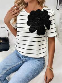 Franclia Camiseta de manga corta con aplicaciones florales para verano, camisetas gráficas para mujeres - Blanco - Ver 5